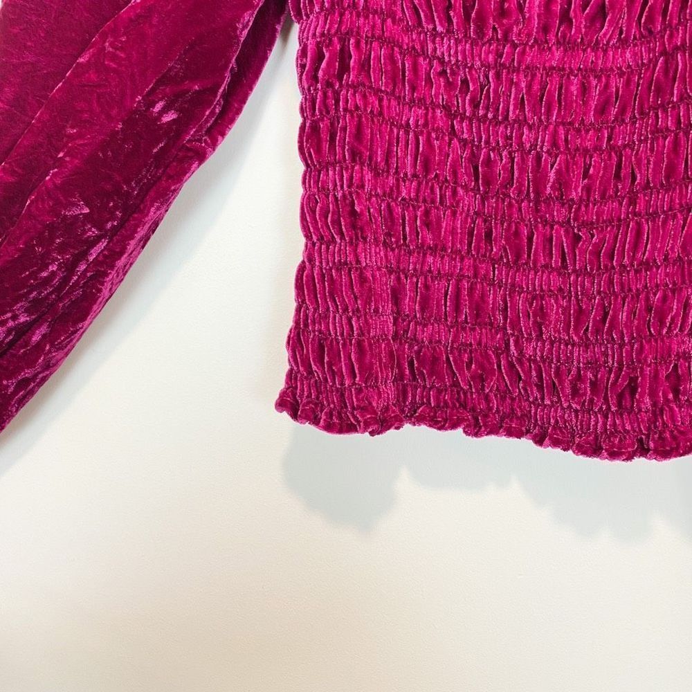 Anthropologie Magenta Pink Rose Smocked Velvet Puff Sleeve Peasant Blouse Ruffle - Picture 5 of 8